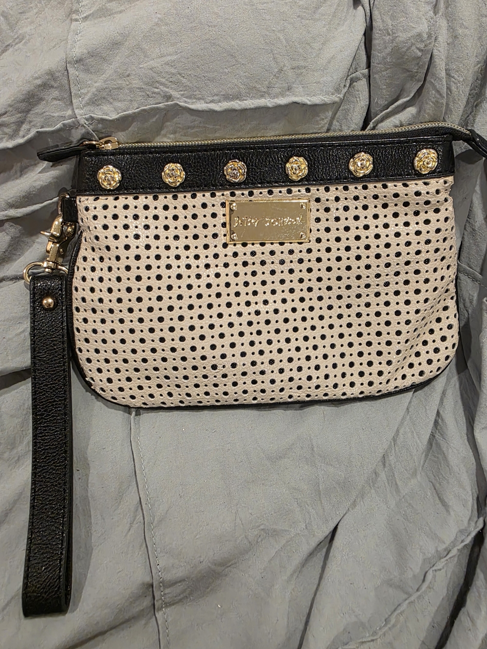 Beige and Black Perforated Wristlet Clutch with Gold Accents